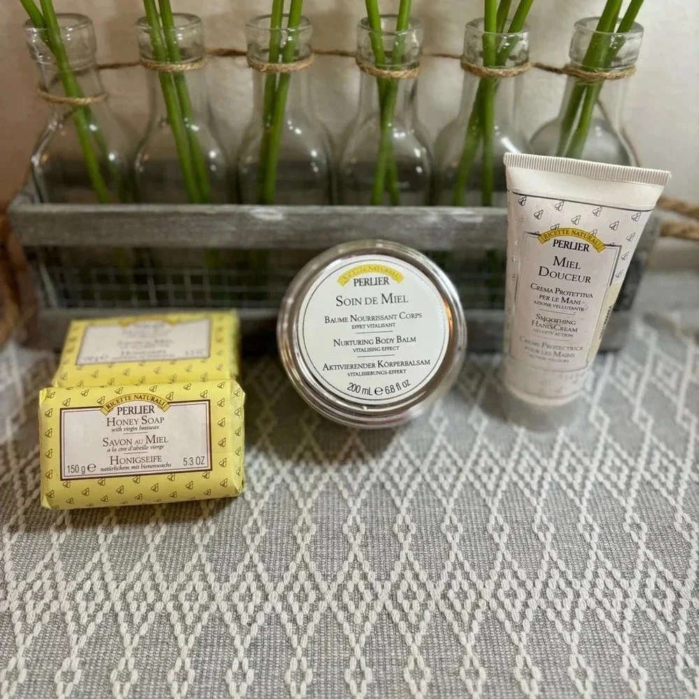 Perlier Bundle. 2-Honey Soap, 1-Body Balm, 1-Soothing‎ Hand Cream.